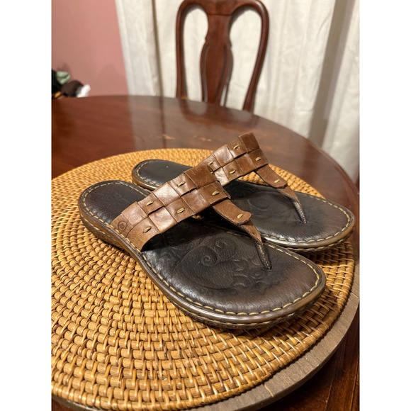 Born Shoes - Born Brown Leather Woven Thong Sandals Slides Womens 7 M Boho